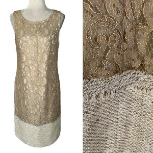 LN Esprit Metallic Gold Lace Tweed Fringe Hem Sleeveless Shift Dress - 10